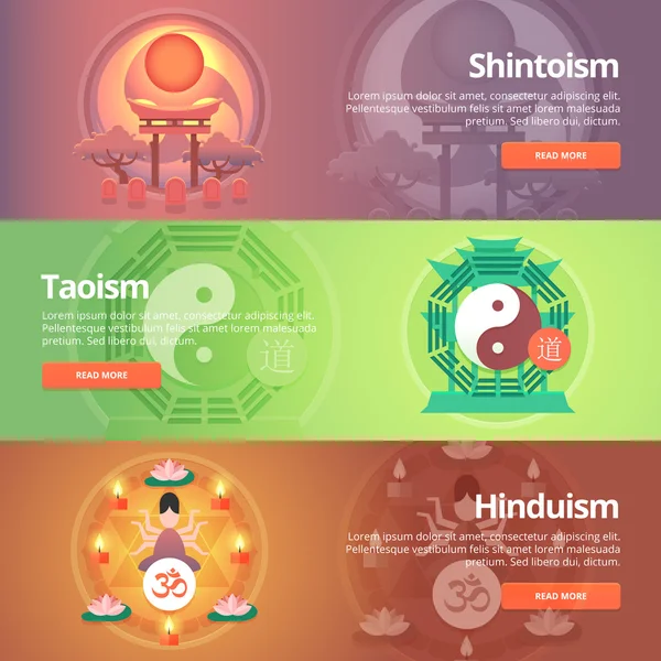 Shintoism. Japanese religion. Taoism. Hinduism. Buddhistic culture. Tao principles. Religion and confessions banners set. Vector design concept. — Stock Vector