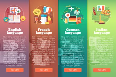 Vertical banners set of foreign language schools. Flat vector colorful illustration concepts of British English, French, German and Italian languages. For brochure, booklet, print and web materials.