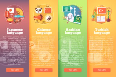 Yabancı dil okullarının dikey afişseti. Japonca, Çince, Arap Türkçesi düz vektör renkli illüstrasyon kavramları. Broşür, kitapçık, baskı ve web materyalleri için.