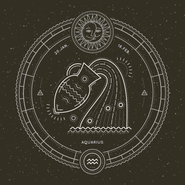 Vintage ince çizgi kova Zodyak işareti etiket. Retro vektör astrolojik sembolü, mistik, kutsal geometri öğesi, amblem, logo. Kontur anahat illüstrasyon.