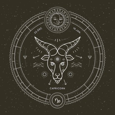Vintage ince çizgi Oğlak burç işareti etiket. Retro vektör astrolojik sembolü, mistik, kutsal geometri öğesi, amblem, logo. Kontur anahat illüstrasyon.