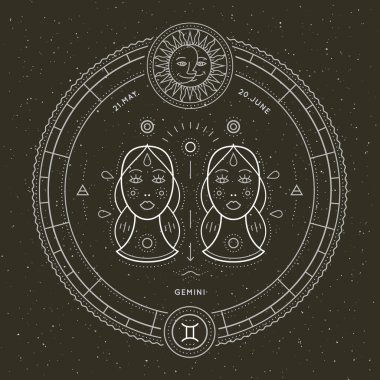 Vintage ince çizgi İkizler burç işareti etiket. Retro vektör astrolojik sembolü, mistik, kutsal geometri öğesi, amblem, logo. Kontur anahat illüstrasyon.