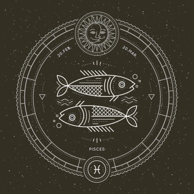 Vintage ince çizgi Balık burcu Zodyak işareti etiket. Retro vektör astrolojik sembolü, mistik, kutsal geometri öğesi, amblem, logo. Kontur anahat illüstrasyon.