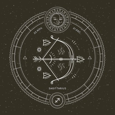 Vintage ince çizgi Yay burç işareti etiket. Retro vektör astrolojik sembolü, mistik, kutsal geometri öğesi, amblem, logo. Kontur anahat illüstrasyon.