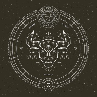 Vintage ince çizgi Toros burç işareti etiket. Retro vektör astrolojik sembolü, mistik, kutsal geometri öğesi, amblem, logo. Kontur anahat illüstrasyon.