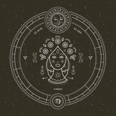 Vintage ince çizgi Başak Zodyak işareti etiket. Retro vektör astrolojik sembolü, mistik, kutsal geometri öğesi, amblem, logo. Kontur anahat illüstrasyon.