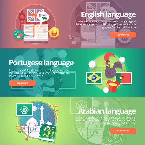 外语学习横幅设置。设计插图为英国英语，葡萄牙语和阿拉伯语。五颜六色的矢量平面概念水平布局。阿拉伯的"真主". — 图库矢量图片