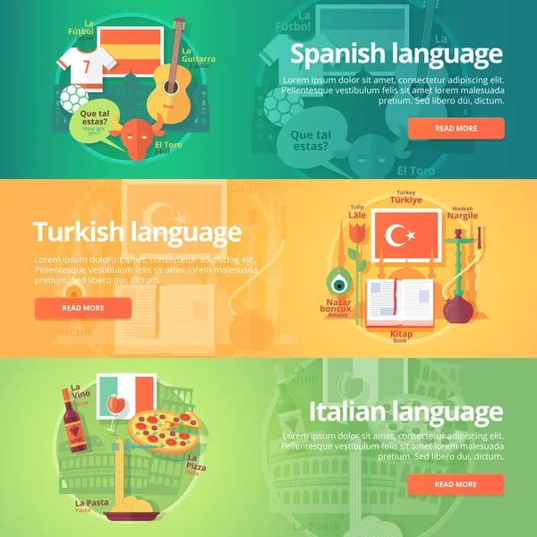 Conjunto de banners de aprendizagem de línguas estrangeiras. Desenho ilustração para espanhol, turco e italiano. Vetor colorido conceitos planos layout horizontal . —  Vetores de Stock