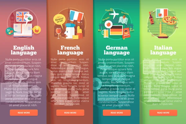 Conjunto de pancartas verticales de escuelas de idiomas extranjeros. Plano vector coloridos conceptos de ilustración de Inglés británico, francés, alemán e italiano idiomas. Para folletos, folletos, impresos y materiales web . — Vector de stock