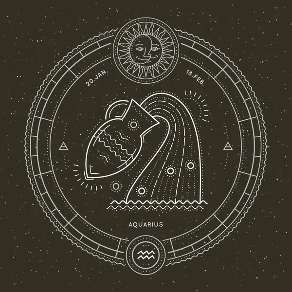 Vintage tunn linje Aquarius zodiac sign etikett. Retro vektor astrologiska symbol, mystic, helig geometri element, emblem, logotyp. Stroke disposition illustration. — Stock vektor