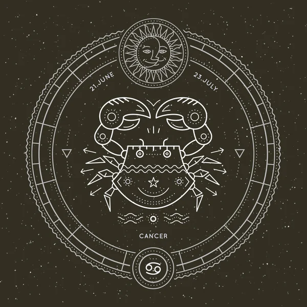 Vintage ince çizgi kanser Zodyak işareti etiket. Retro vektör astrolojik sembolü, mistik, kutsal geometri öğesi, amblem, logo. Kontur anahat illüstrasyon.