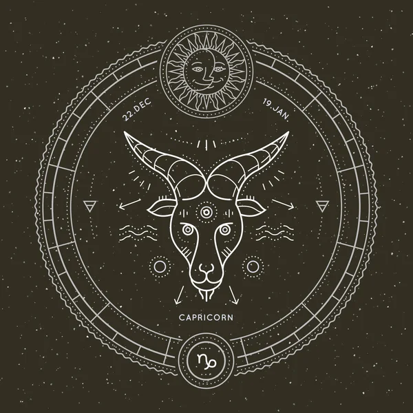 Vintage sottile linea Capricorno segno zodiacale etichetta. Simbolo astrologico retrò vettoriale, mistico, elemento di geometria sacra, emblema, logo. Illustrazione contorno traccia . — Vettoriale Stock