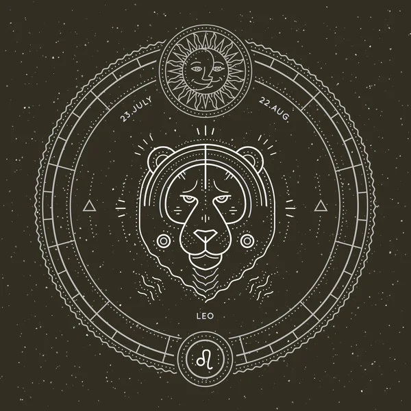 Vintage tunn linje Leo zodiac sign etikett. Retro vektor astrologiska symbol, mystic, helig geometri element, emblem, logotyp. Stroke disposition illustration. — Stock vektor