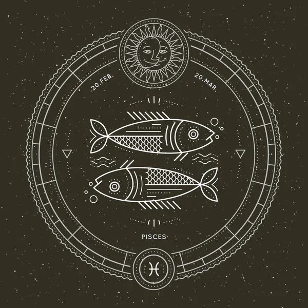 Vintage tenká linie Pisces zodiac znamení popisek. Retro vektoru astrologický symbol, mystický, posvátné geometrie prvek, emblém, logo. Zdvih obrys obrázku. — Stockový vektor