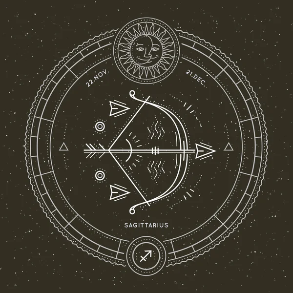 Vintage ince çizgi Yay burç işareti etiket. Retro vektör astrolojik sembolü, mistik, kutsal geometri öğesi, amblem, logo. Kontur anahat illüstrasyon.