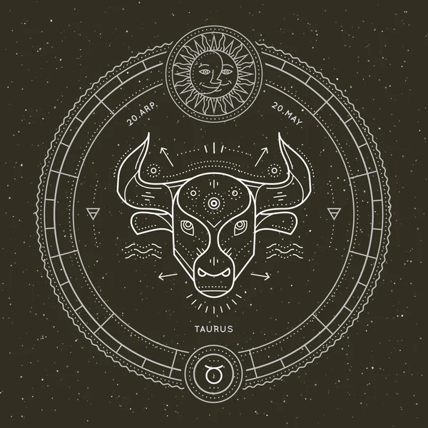 Vintage linha fina Taurus signo do zodíaco rótulo. Símbolo astrológico vetorial retrô, elemento místico, geométrico sagrado, emblema, logotipo. Ilustração do esboço do traço do traço . — Vetor de Stock