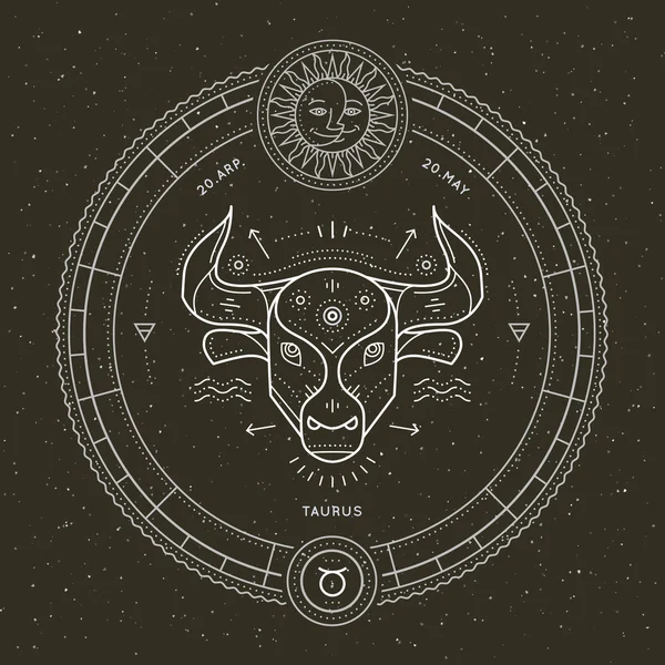 Vintage ince çizgi Toros burç işareti etiket. Retro vektör astrolojik sembolü, mistik, kutsal geometri öğesi, amblem, logo. Kontur anahat illüstrasyon.
