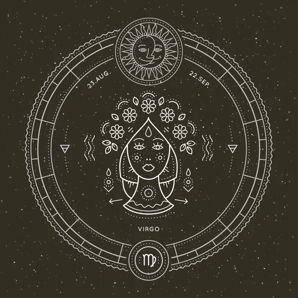 Vintage dunne Maagd dierenriem teken regellabel. Retro vector astrologische symbool, mystic, heilige geometrie element, embleem, logo. Beroerte overzicht illustratie. — Stockvector