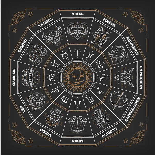 Círculo do zodíaco com sinais de horóscopo. Design de vetor de linha fina. Símbolos de astrologia e sinais místicos . — Vetor de Stock