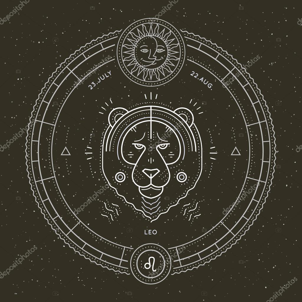 Vintage thin line Leo zodiac sign label. Retro vector astrological symbol, mystic, sacred geometry element, emblem, logo. Stroke outline illustration.