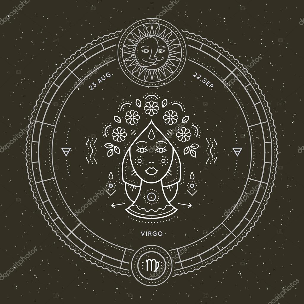 Vintage thin line Virgo zodiac sign label. Retro vector astrological symbol, mystic, sacred geometry element, emblem, logo. Stroke outline illustration.