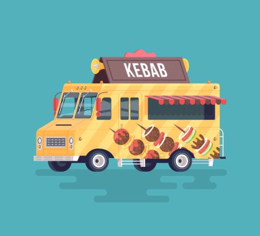 Vektör renkli düz kebap kamyon. Barbekü ve füme et. Sokak mutfağı. Karikatür gıda kamyon illüstrasyon.