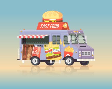 Vektör renkli düz fast food kamyon. Sokak mutfağı. Vintage renkler konsept illüstrasyon.