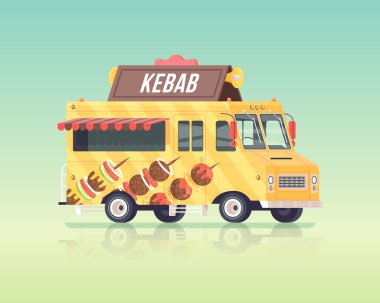 Vektör renkli düz kebap kamyon. Arap ve Doğu geleneksel mutfağı. Sokak mutfağı. Vintage renkler konsept illüstrasyon.