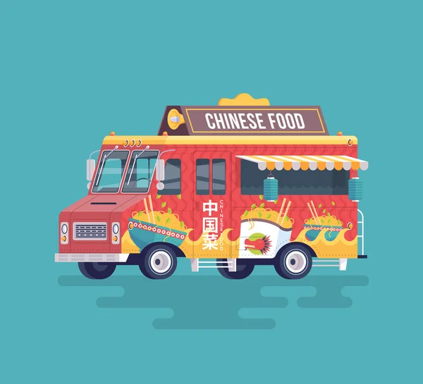 Vector kleurrijke platte Chinese Food truck. Straatgerechten. Cartoon voedsel truck illustratie. — Stockvector