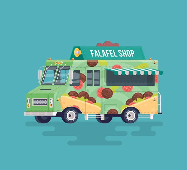 Vector colorido piso falafel camión de cocina de la calle. Cocina callejera. ilustración de camión de comida de dibujos animados . — Vector de stock