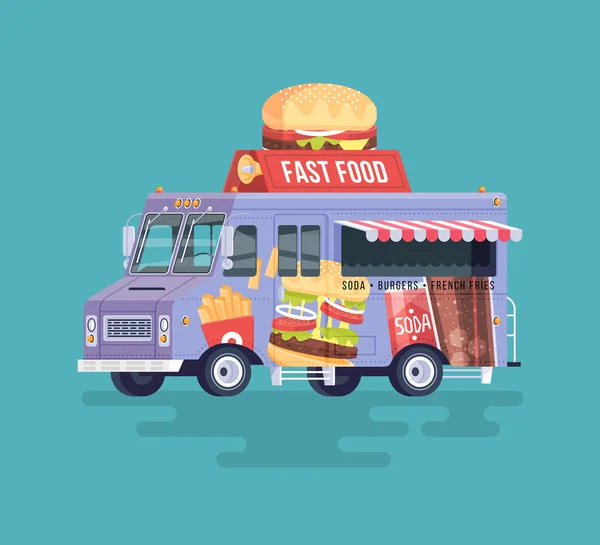 Vector kleurrijke platte Fast Food truck. Straatgerechten. Hamburgers en broodjes. Cartoon voedsel truck illustratie. — Stockvector