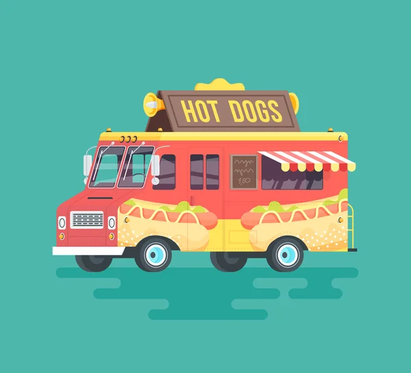 Vector kleurrijke platte hotdog vrachtwagen. Cartoon illustratie. — Stockvector