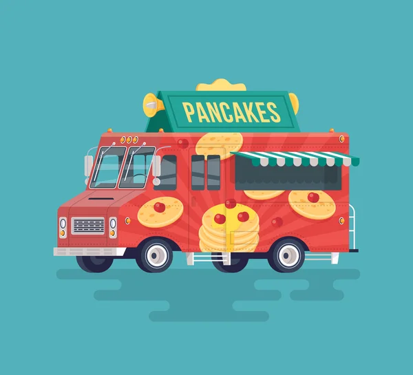 Vector kleurrijke platte pannenkoeken truck. Food truck. Straatgerechten. Cartoon voedsel truck illustratie. — Stockvector