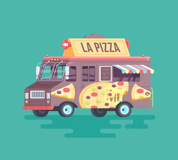 Vector kleurrijke platte pizza truck. Cartoon illustratie. — Stockvector