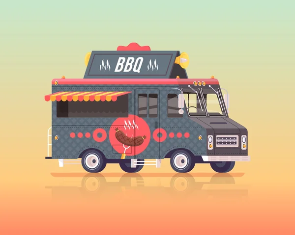 Διανύση πολύχρωμο επίπεδο μπάρμπεκιου και καπνιστό φορτηγό κρέας τηγανητό. Κουζίνα του δρόμου. Vintage χρώματα εικόνα έννοια. — Διανυσματικό Αρχείο