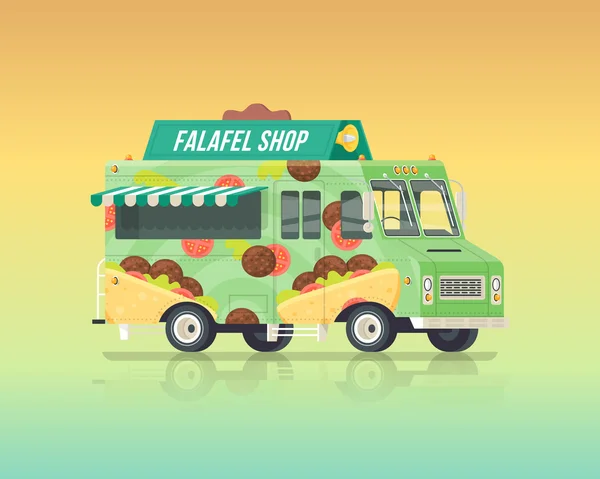 Camion falafel plat coloré vectoriel. Cuisine de rue. Illustration concept couleurs vintage . — Image vectorielle