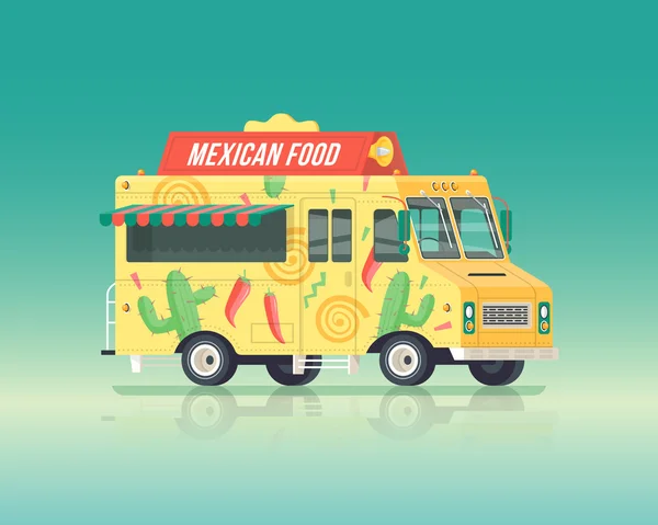 Vector colorido caminhão de comida mexicana plana. Cozinha de rua. Cores vintage ilustração conceito . — Vetor de Stock