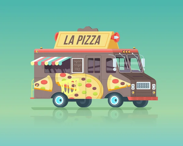 Vector kleurrijke platte pizza truck. Vintage kleurenconcept illustratie. — Stockvector