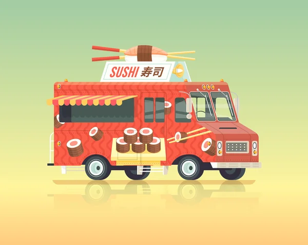 Vettore colorato piatto giapponese camion cucina nazionale. Cucina di strada. Un carro per la consegna del sushi. Illustrazione concetto colori vintage . — Vettoriale Stock