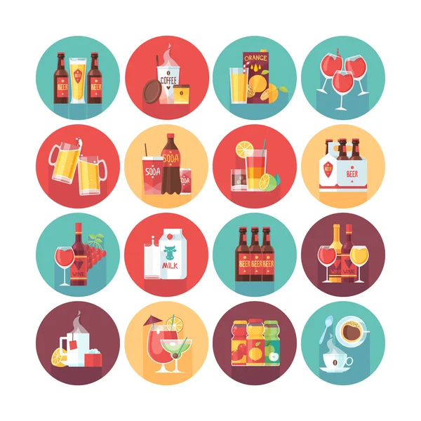 Colección de iconos de bebidas y bebidas. Iconos de círculo vectorial plano con sombra larga. Alimentos y bebidas . — Vector de stock