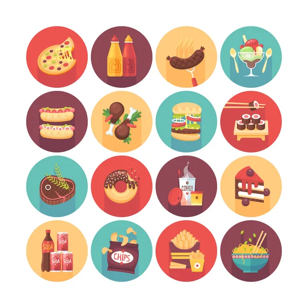 Comida rápida, comida chatarra, merienda. Iconos de círculo vectorial plano con sombra larga. Alimentos y bebidas . — Vector de stock