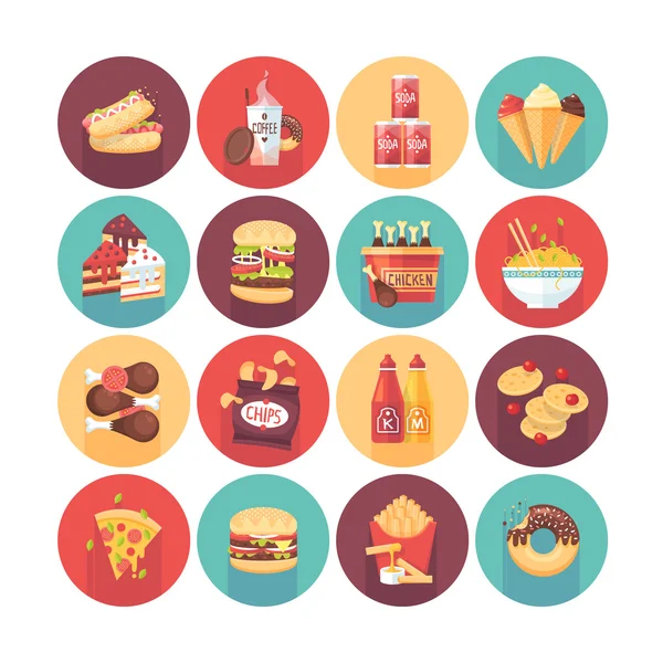 Comida rápida, comida chatarra, merienda. Iconos de círculo vectorial plano con sombra larga. Alimentos y bebidas . — Vector de stock