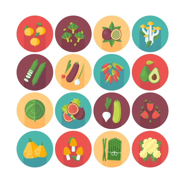 Frutas y verduras, comida vegetariana orgánica, colección de iconos de dieta saludable. Iconos de círculo vectorial plano con sombra larga. Alimentos y bebidas . — Vector de stock