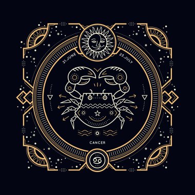 Vintage ince çizgi kanser Zodyak işareti etiket. Retro vektör astrolojik sembolü, mistik, kutsal geometri öğesi, amblem, logo. Kontur anahat illüstrasyon.
