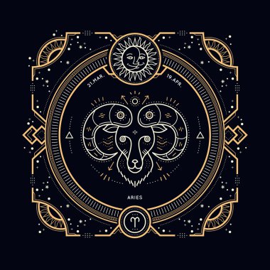 Vintage ince çizgi Koç Zodyak işareti etiket. Retro vektör astrolojik sembolü, mistik, kutsal geometri öğesi, amblem, logo. Kontur anahat illüstrasyon.