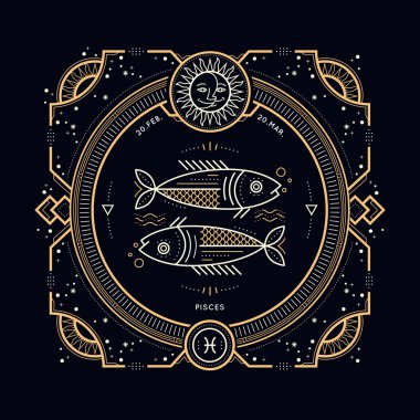 Vintage ince çizgi Balık burcu Zodyak işareti etiket. Retro vektör astrolojik sembolü, mistik, kutsal geometri öğesi, amblem, logo. Kontur anahat illüstrasyon.