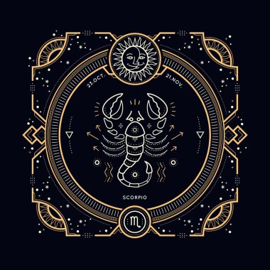 Vintage ince çizgi Akrep burç işareti etiket. Retro vektör astrolojik sembolü, mistik, kutsal geometri öğesi, amblem, logo. Kontur anahat illüstrasyon.