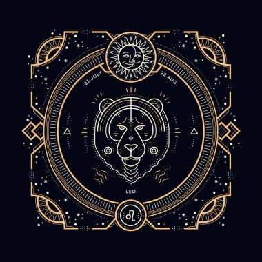Vintage ince çizgi Leo Zodyak işareti etiket. Retro vektör astrolojik sembolü, mistik, kutsal geometri öğesi, amblem, logo. Kontur anahat illüstrasyon.