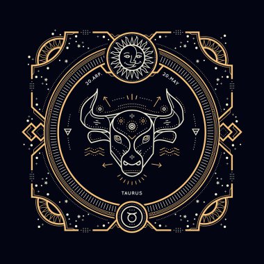 Vintage ince çizgi Toros burç işareti etiket. Retro vektör astrolojik sembolü, mistik, kutsal geometri öğesi, amblem, logo. Kontur anahat illüstrasyon.