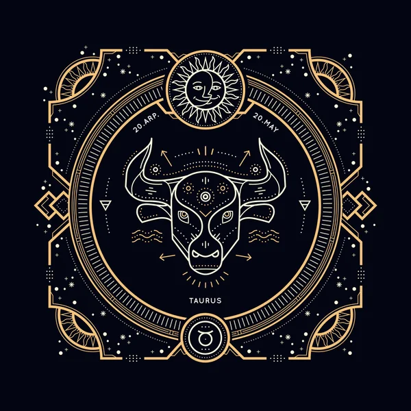 Vintage dunne Taurus zodiac sign regellabel. Retro vector astrologische symbool, mystic, heilige geometrie element, embleem, logo. Beroerte overzicht illustratie. — Stockvector